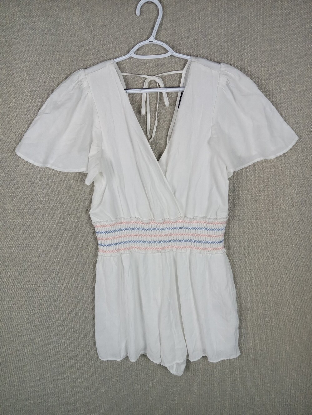 Three Pink Hearts Smocked Romper Large White Surplice Neck Short Flutter Sleeves